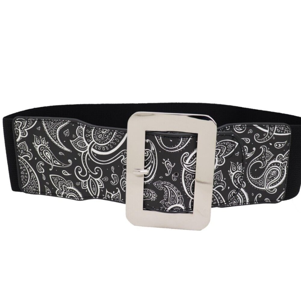 Womenâs Wide Black White Elastic Waist Hip Belt Silver Buckle Paisley Print S M - Picture 10 of 17